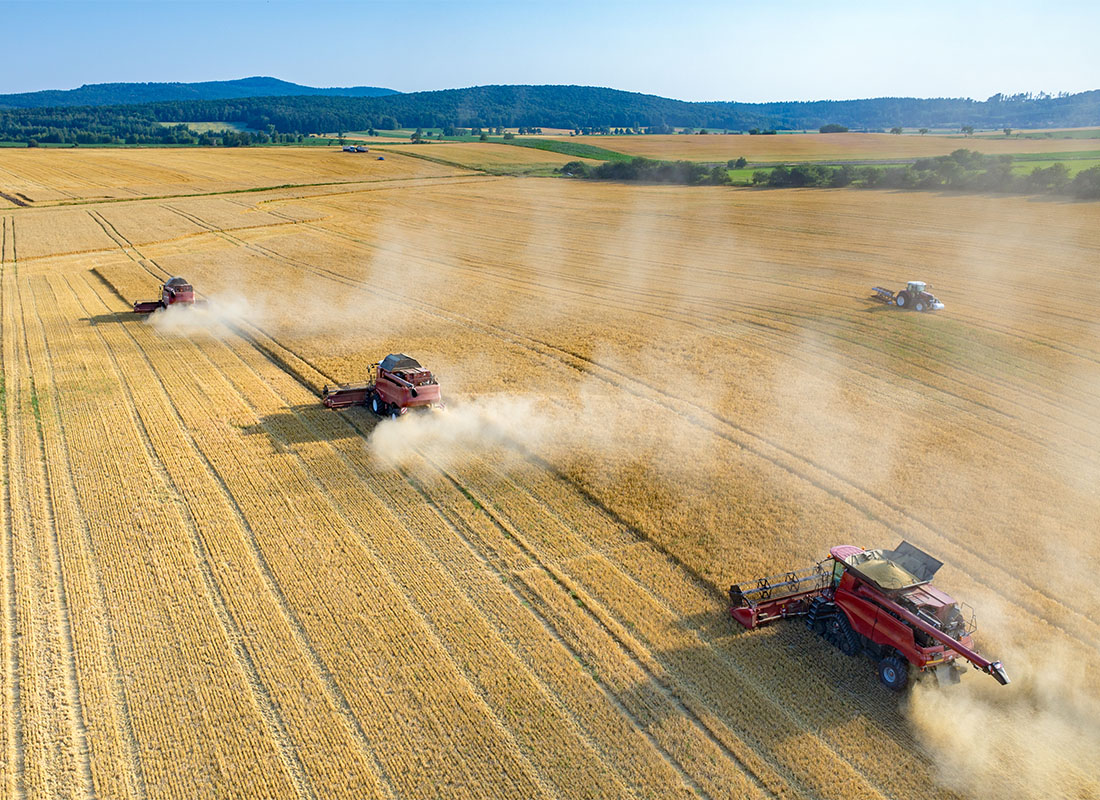 Yield, Margin, and Whole Farm Revenue - Aerial View of a Group of Tractors and Combines Harvesting Wheat on a Commercial Farm on a Sunny Day with Mountains Visible in the Background